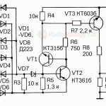 Schematic diagram of the device for protecting acoustic systems and switching delay, made on four transistors